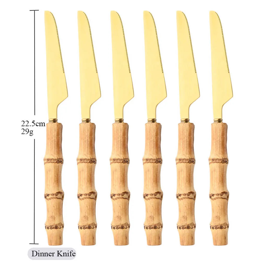 6-Piece Gold Bamboo Handle Dinnerware Set – Luxury Cutlery