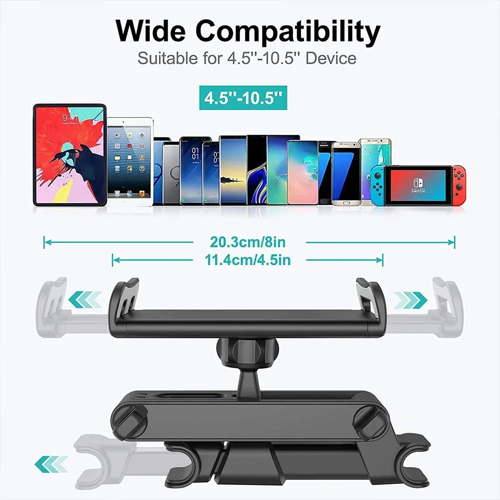 360° Car Headrest Tablet Mount – Back Seat Holder for iPad & Phones