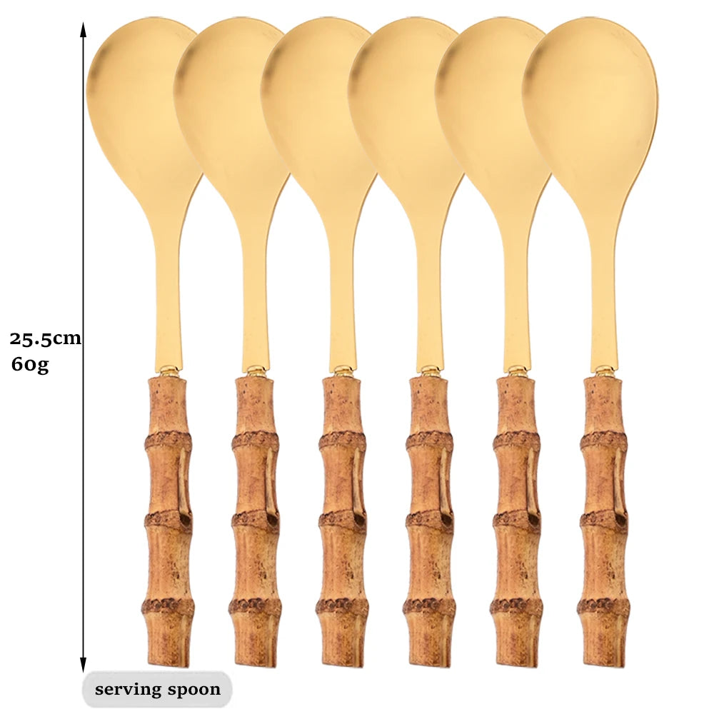 6-Piece Gold Bamboo Handle Dinnerware Set – Luxury Cutlery
