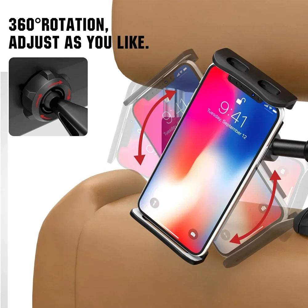 360° Car Headrest Tablet Mount – Back Seat Holder for iPad & Phones