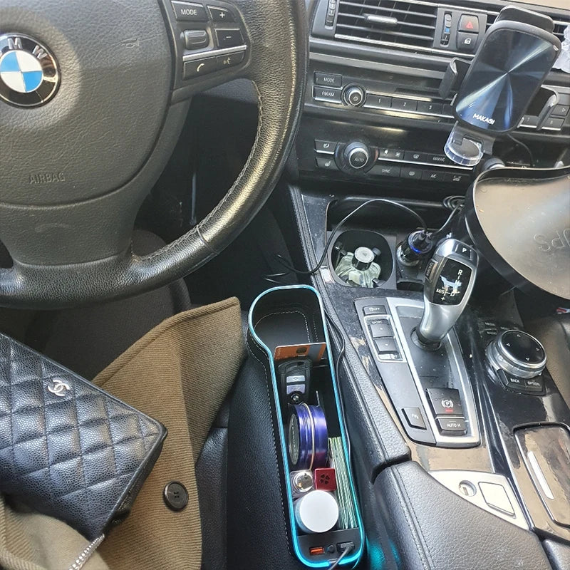 LED Car Seat Gap Organizer. Premium Leather with 2 USB Ports