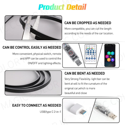 RGB LED Car Ambient Lights – USB Interior Strip with App & Remote