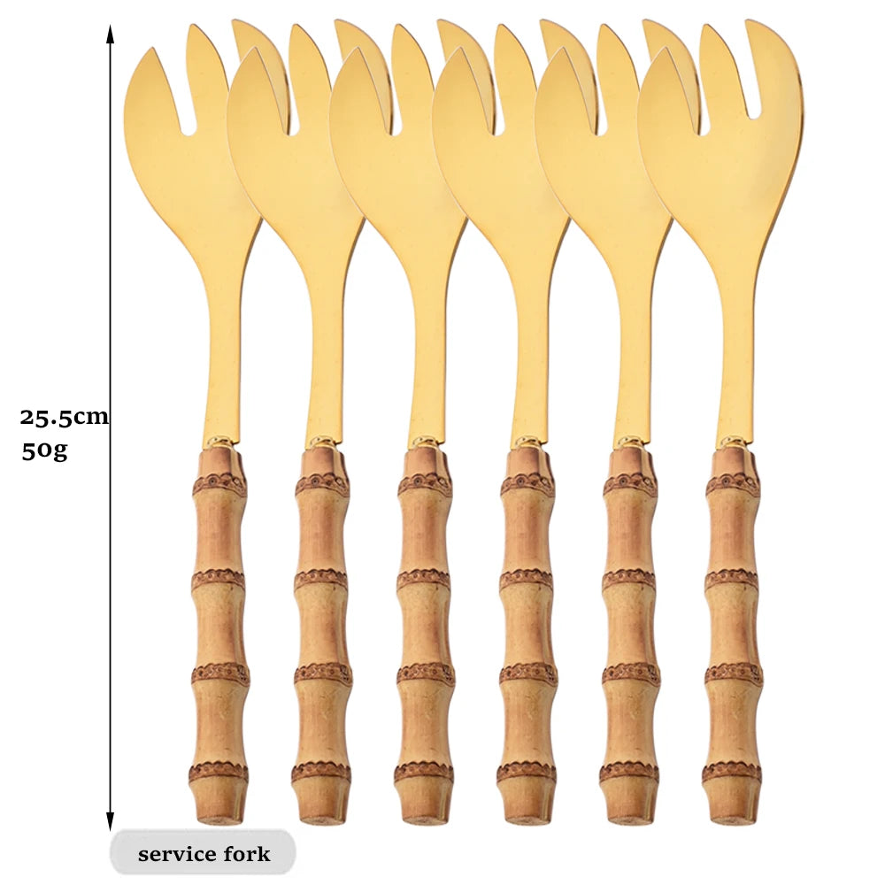 6-Piece Gold Bamboo Handle Dinnerware Set – Luxury Cutlery