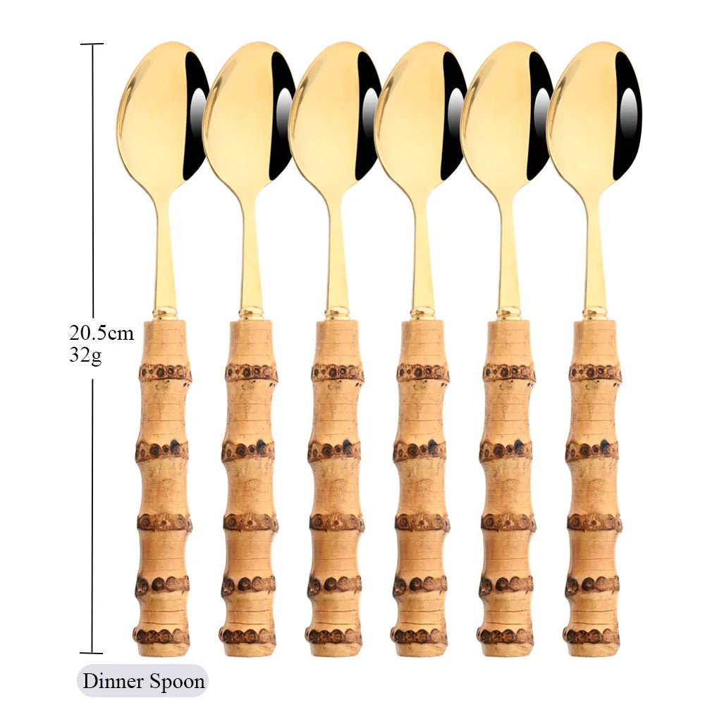 6-Piece Gold Bamboo Handle Dinnerware Set – Luxury Cutlery