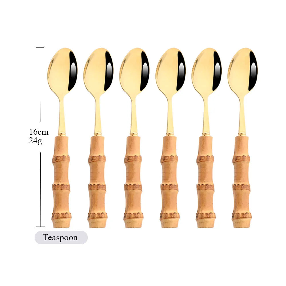 6-Piece Gold Bamboo Handle Dinnerware Set – Luxury Cutlery
