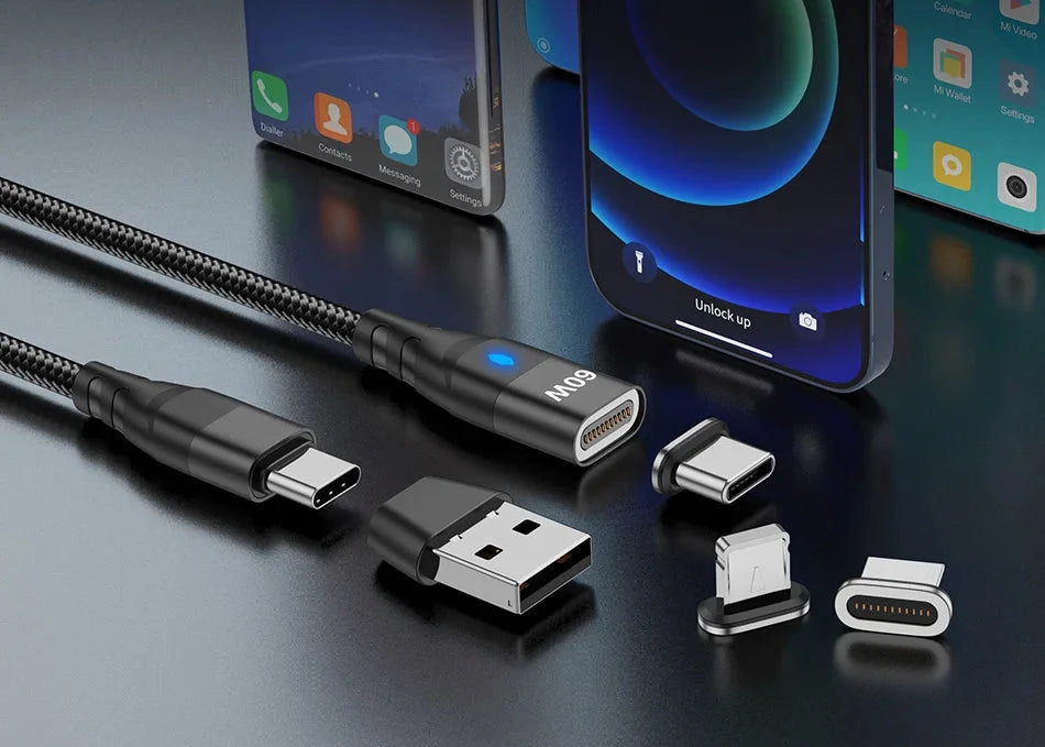 USB cable with multiple connectors on a reflective surface, with smartphones in the background.