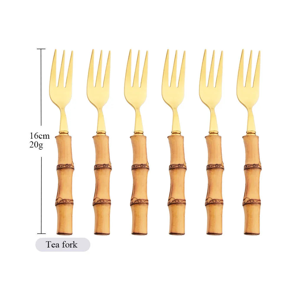 6-Piece Gold Bamboo Handle Dinnerware Set – Luxury Cutlery