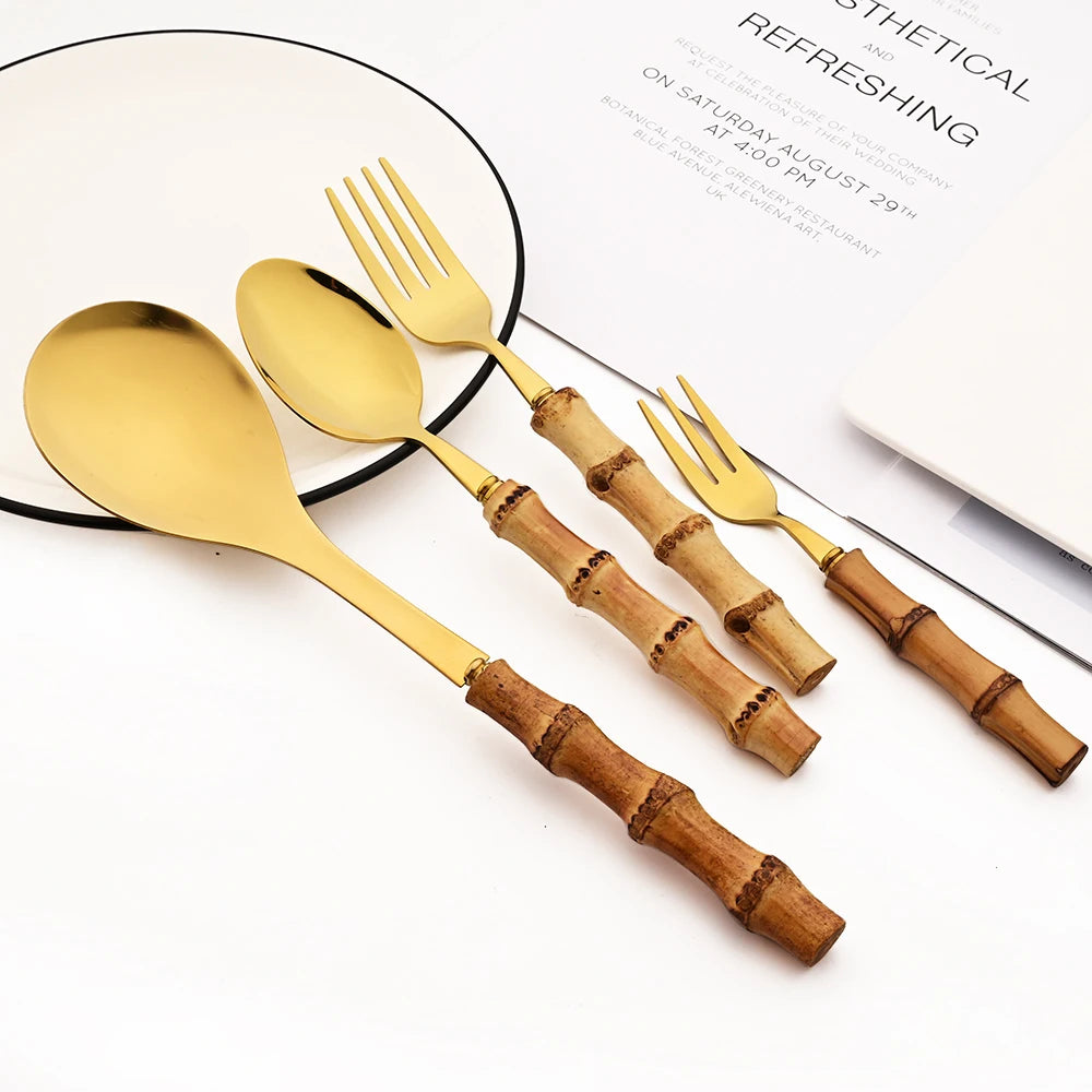 6-Piece Gold Bamboo Handle Dinnerware Set – Luxury Cutlery