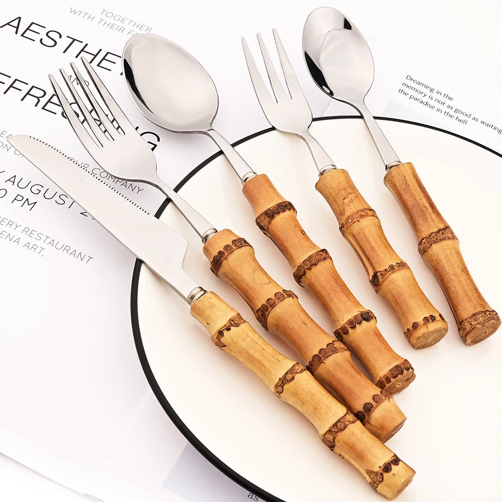 6-Piece Gold Bamboo Handle Dinnerware Set – Luxury Cutlery