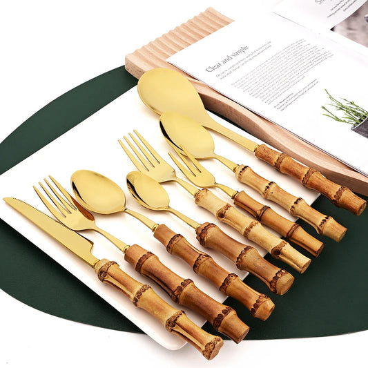 6-Piece Gold Bamboo Handle Dinnerware Set – Luxury Cutlery