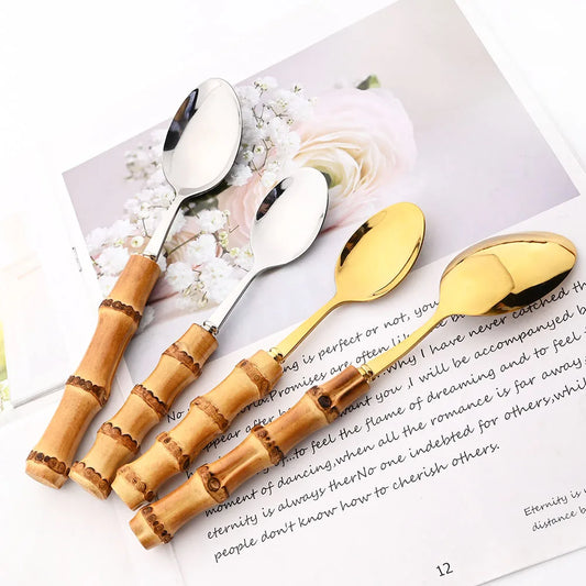 6-Piece Gold Bamboo Handle Dinnerware Set – Luxury Cutlery
