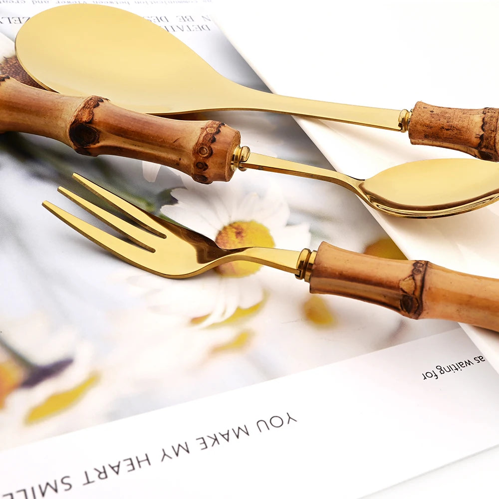 6-Piece Gold Bamboo Handle Dinnerware Set – Luxury Cutlery
